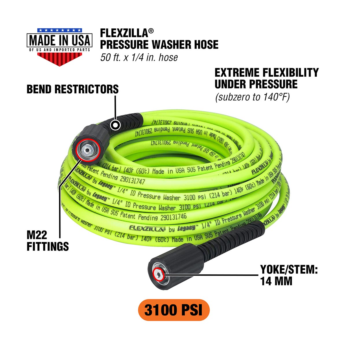 Flexzilla Pressure Washer Hose 1/4" x 50" with M22 Fittings