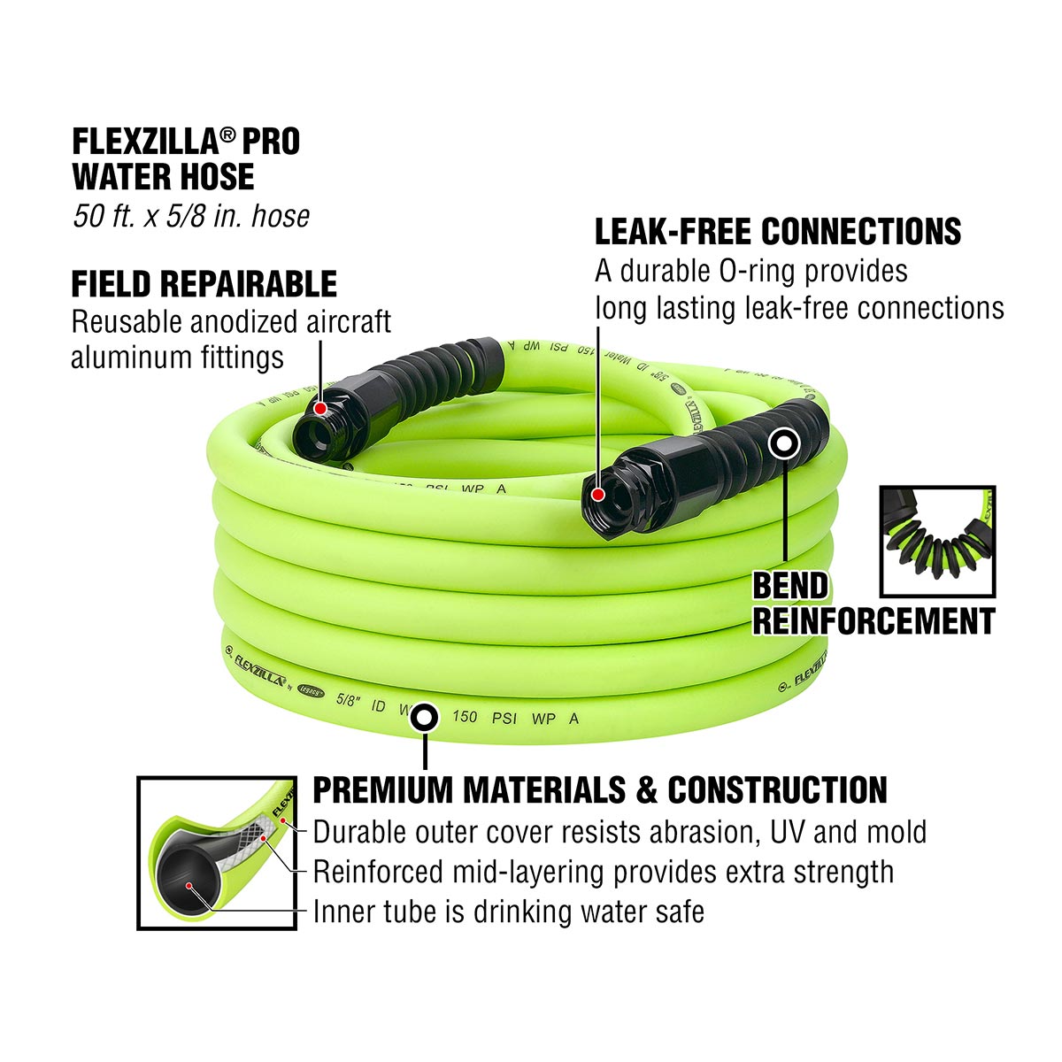 Flexzilla® Pro Water Hose 5/8" x 50' 3/4" - 11 1/2 GHT Fittings ZillaGreen®