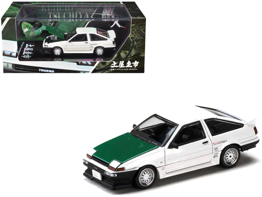 T&yota Sprinter Trueno (AE86) RHD (Right Hand Drive) "Keiichi Tsuchiya - Dori Dori Mesh Wheels" White with Green Carbon Hood 1/64 T&y Diecast Model Car by Hobby Japan