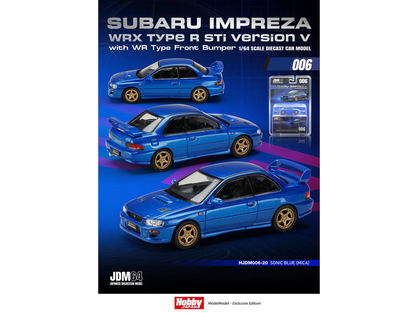 Subaru Impreza WRX Type R Sti Version V RHD (Right Hand Drive) Sonic Blue Mica "JDM64" Series 1/64 T&y Diecast Model Car by Hobby Japan