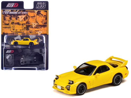 Mazda RX-7 (FD3S) RHD (Right Hand Drive) Yellow "Initial D" (1995-2013) Manga "Diorama Set Series" 1/64 T&y Diecast Model Car by Hobby Japan