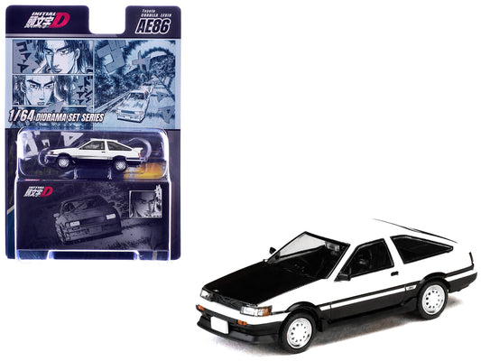 T&yota Corolla Levin (AE86) RHD (Right Hand Drive) White with Carbon Hood "Initial D" (1995-2013) Manga "Diorama Set Series" 1/64 T&y Diecast Model Car by Hobby Japan