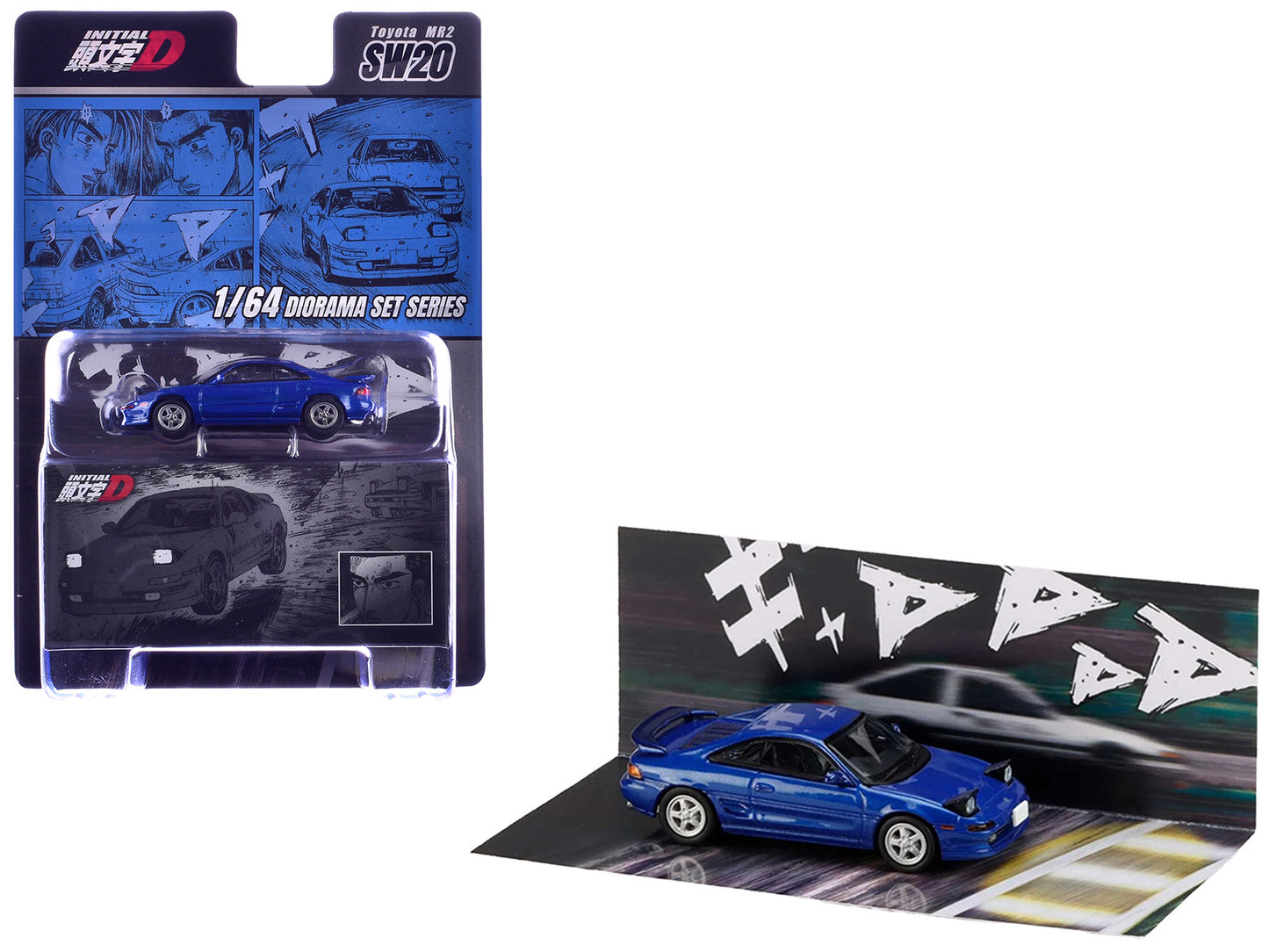 Toyota MR2 (SW20) RHD (Right Hand Drive) Blue Metallic "Kai Kogashiwa VS Takumi Fujiwara - Initial D" (1995-2013) Manga "Diorama Set Series" 1/64 Diecast Model Car by Hobby Japan