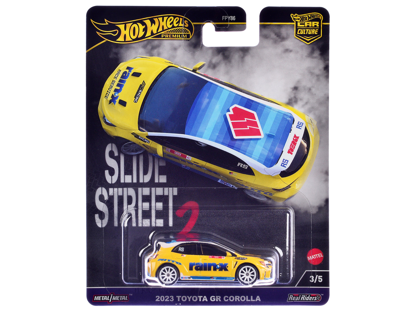 Hot Wheels 2023 Toyota GR Corolla "Rain X" Yellow "Slide Street 2" Series Diecast Model Car by <h2>2023 Wheels</h2> <p>High-quality perfect for collectors and enthusiasts. Features detailed interior e