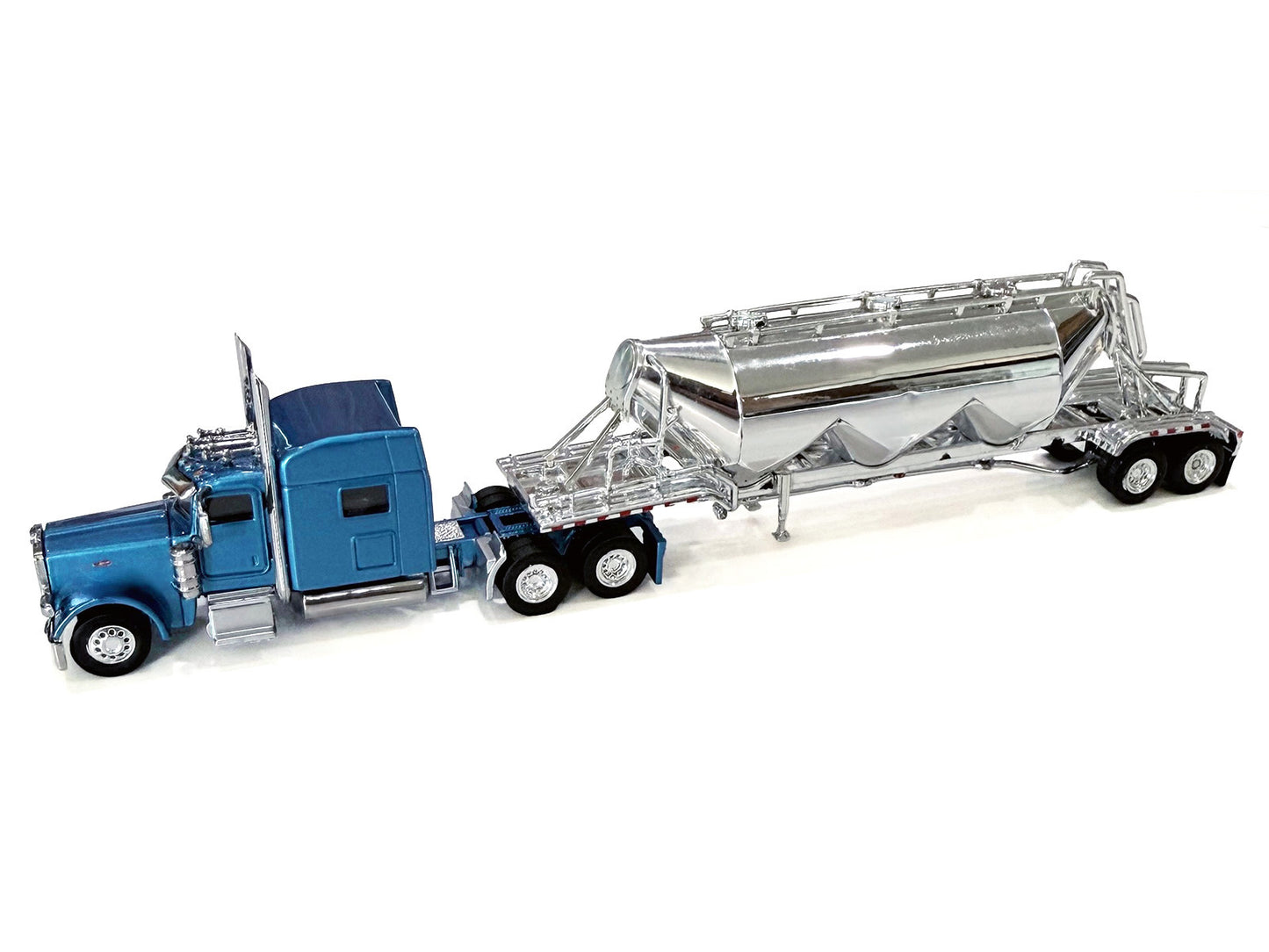 Peterbilt 389 Truck Tractor with Sleeper Cab Blue Metallic and Pneumatic Tank Trailer Chrome Combo Set 1/87 (HO) Plastic Model Car by HO Logistics