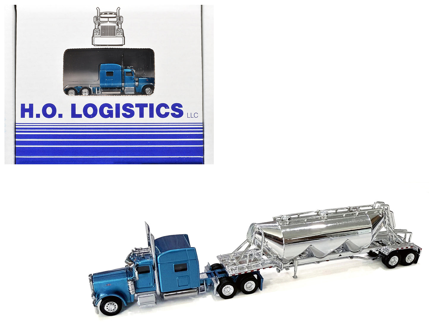 Peterbilt 389 Truck Tractor with Sleeper Cab Blue Metallic and Pneumatic Tank Trailer Chrome Combo Set 1/87 (HO) Plastic Model Car by HO Logistics