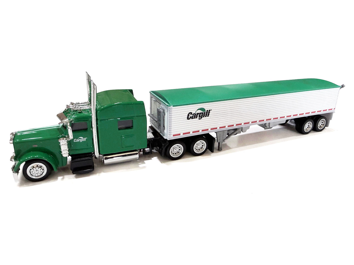 Peterbilt 389 Truck Tractor with Sleeper Cab "Cargill" Green and Covered Grain Trailer White with Green Tarp Combo Set 1/87 (HO) Plastic Model Car by HO Logistics