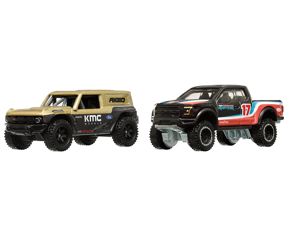Hot Wheels Ford Bronco R Gold Metallic and Black 2017 F-150 Raptor Pickup Truck #17 with Stripes "Car Culture" Set of 2 Cars Diecast Model by <h2>Ford Wheels</h2> <p>High-quality car perfect for colle