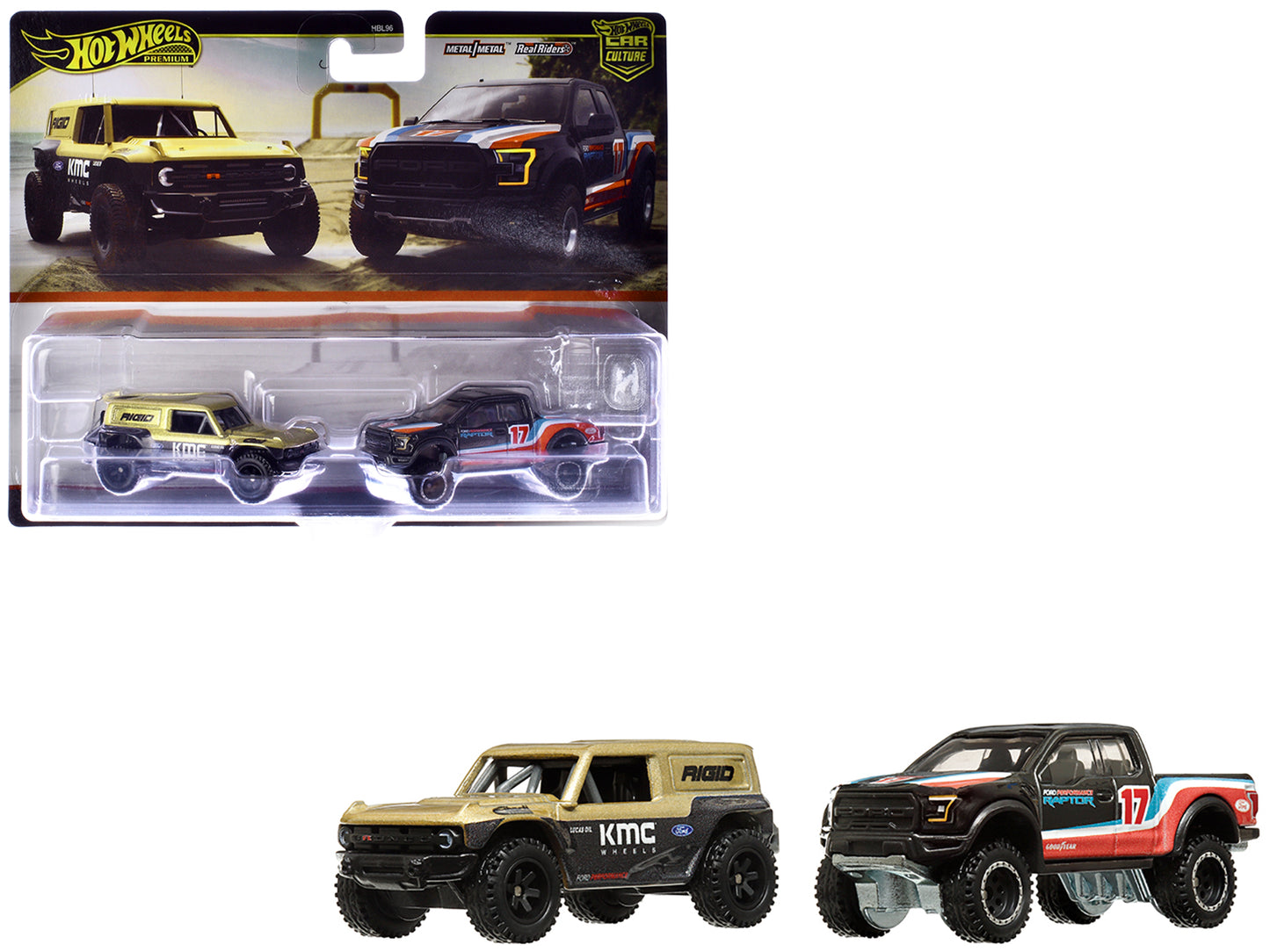 Hot Wheels Ford Bronco R Gold Metallic and Black 2017 F-150 Raptor Pickup Truck #17 with Stripes "Car Culture" Set of 2 Cars Diecast Model by <h2>Ford Wheels</h2> <p>High-quality car perfect for colle