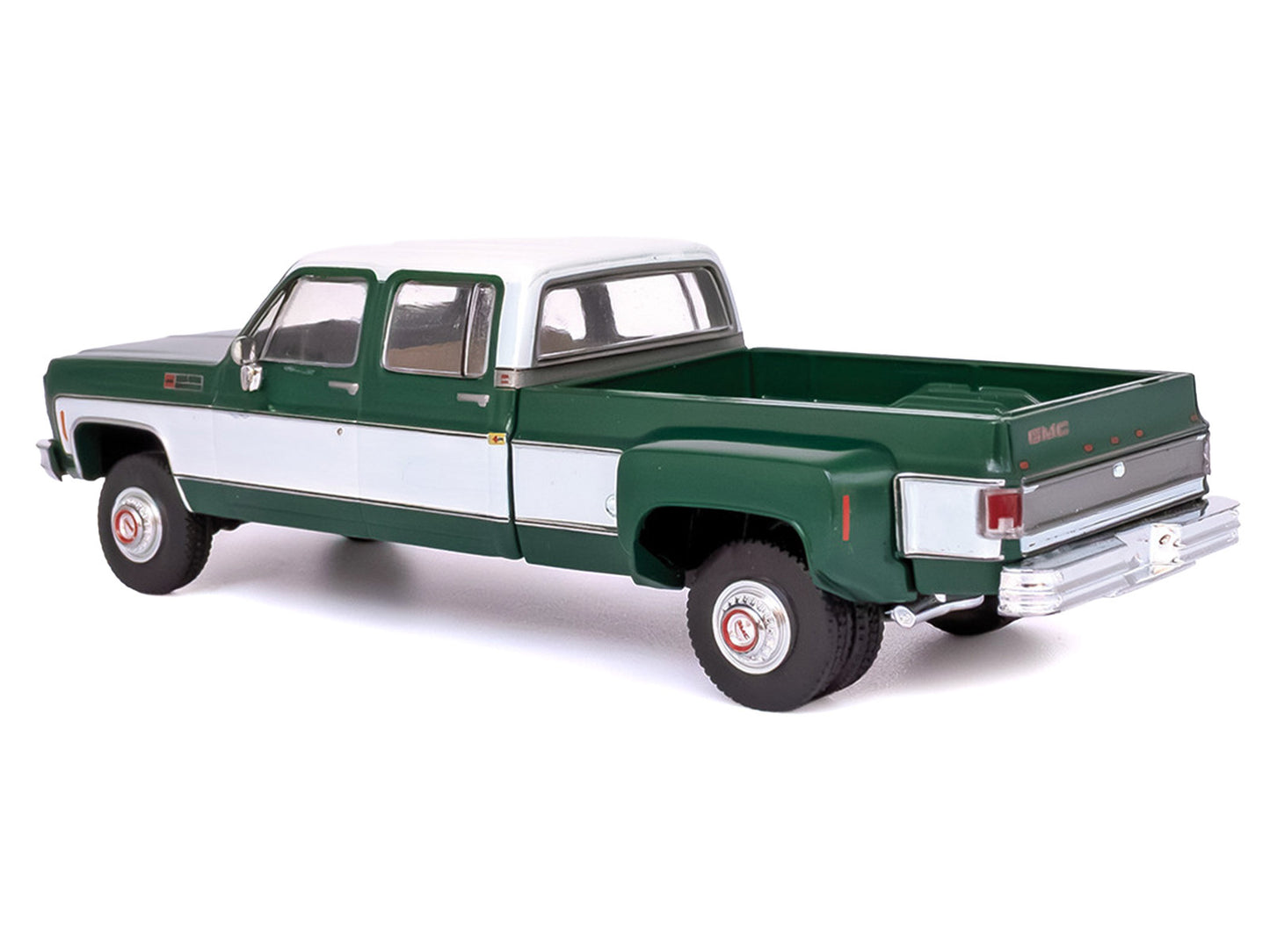 1973 GMC Sierra Grande 3500 Crew Cab Dually Pickup Truck Green and White 1/64 T&y Diecast Model by IXO Models
