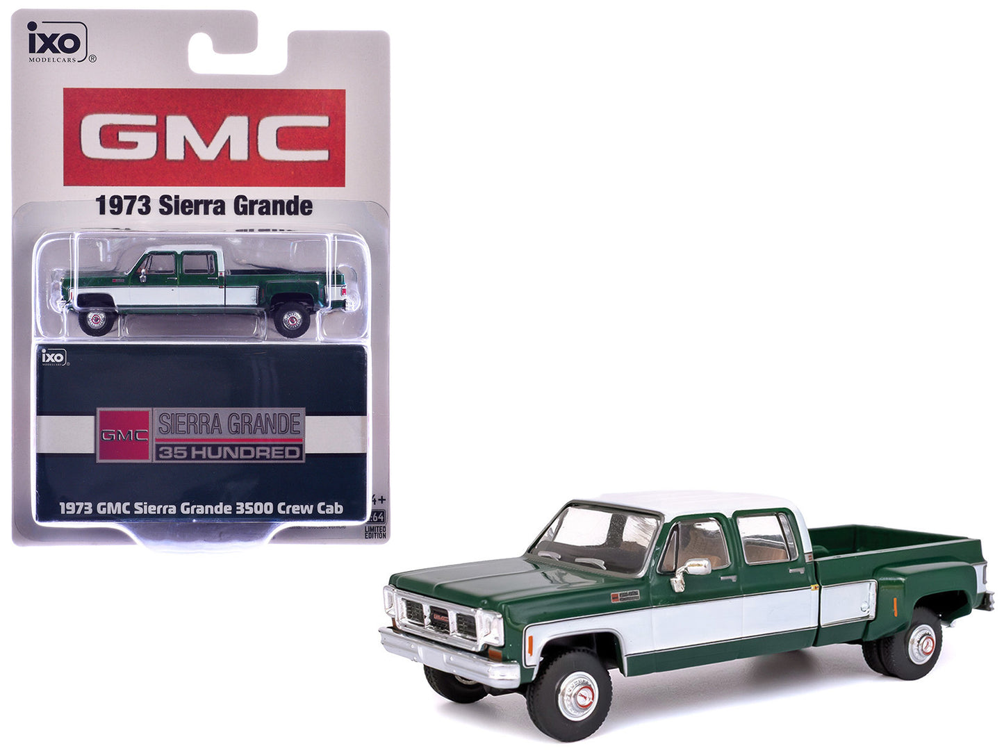 1973 GMC Sierra Grande 3500 Crew Cab Dually Pickup Truck Green and White 1/64 T&y Diecast Model by IXO Models