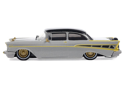 1957 Chevrolet Bel Air Lowrider Gray with Black Top and Gold Accents 1/64 Diecast Model Car by IXO Models