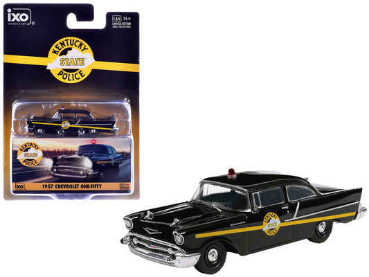 1957 Chevrolet One-Fifty Police Car "Kentucky State Police" Black with Yellow Stripes 1/64 T&y Diecast Model Car by IXO Models