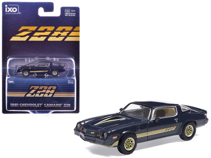 1981 Chevrolet Camaro Z28 Dark Blue Metallic with Gold Stripes and Interior 1/64 T&y Diecast Model Car by IXO Models