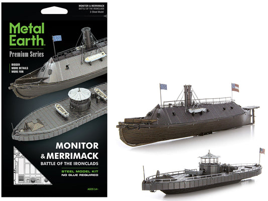 Model Kit USS Monitor and USS Merrimack Ironclad Warships "Battle of the Ironclads" (Challenging Difficulty) Steel Model by Metal Earth T&y