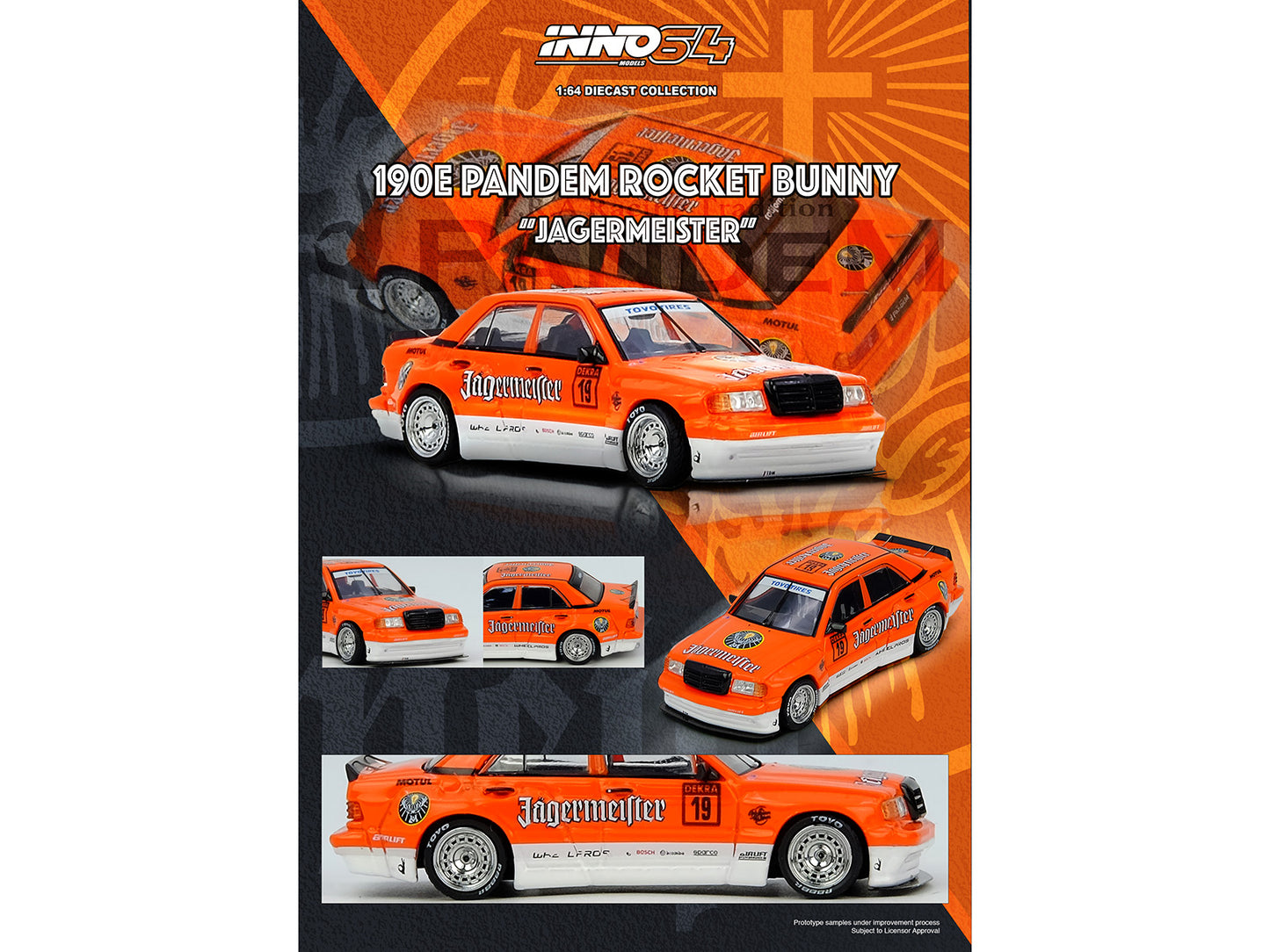 Pandem Rocket Bunny 190E #19 "Jagermeister" Orange and White 1/64 T&y Diecast Model Car by Inno Models