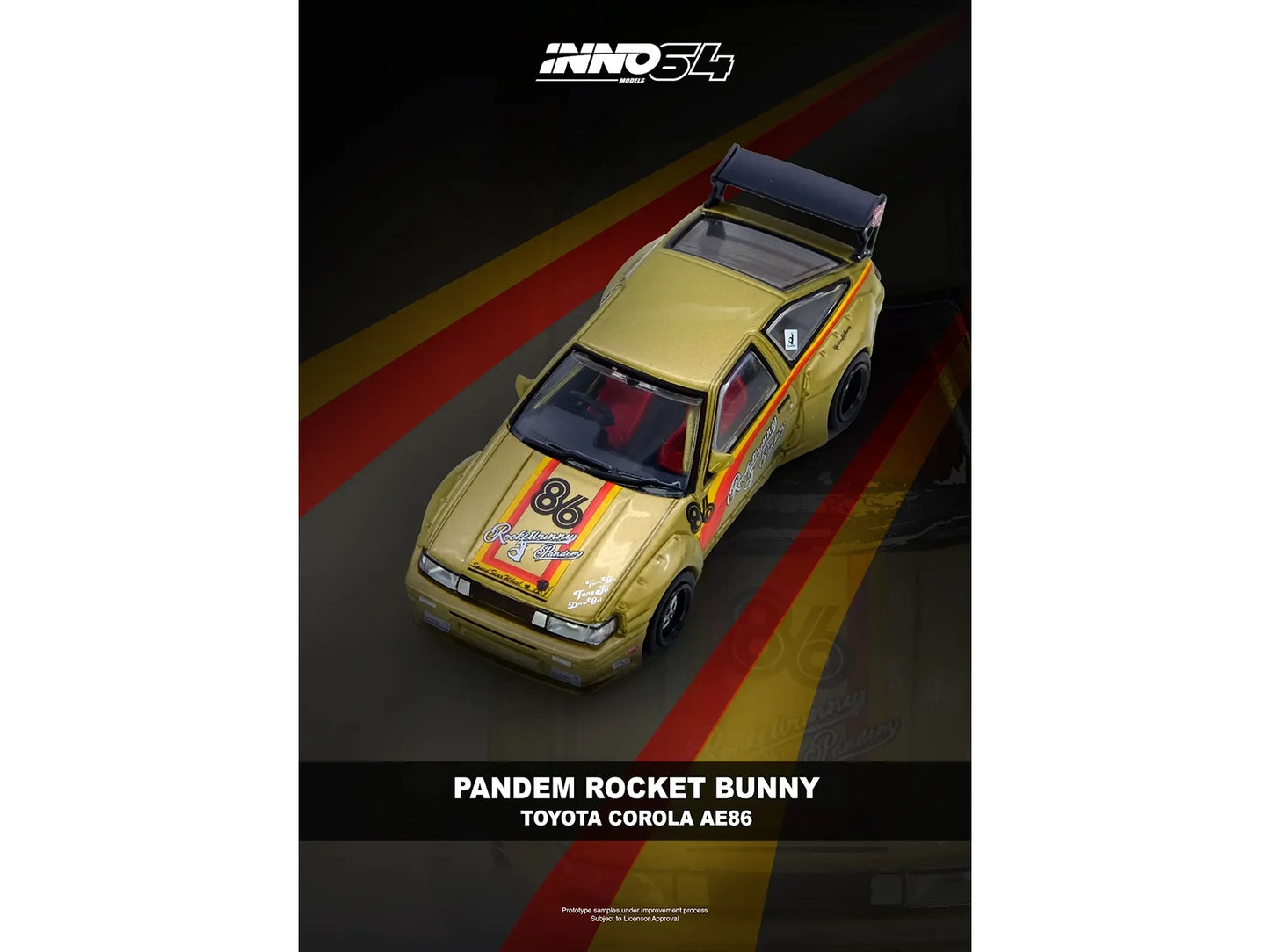 T&yota Levin (AE86) RHD (Right Hand Drive) #86 "Pandem Rocket Bunny" Gold Metallic with Stripes 1/64 T&y Diecast Model Car by Inno Models