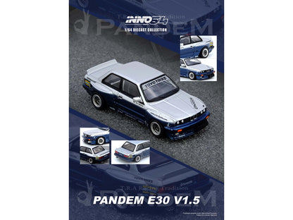 Pandem E30 M3 Silver Metallic and Dark Blue 1/64 Diecast Model Car by Inno Models