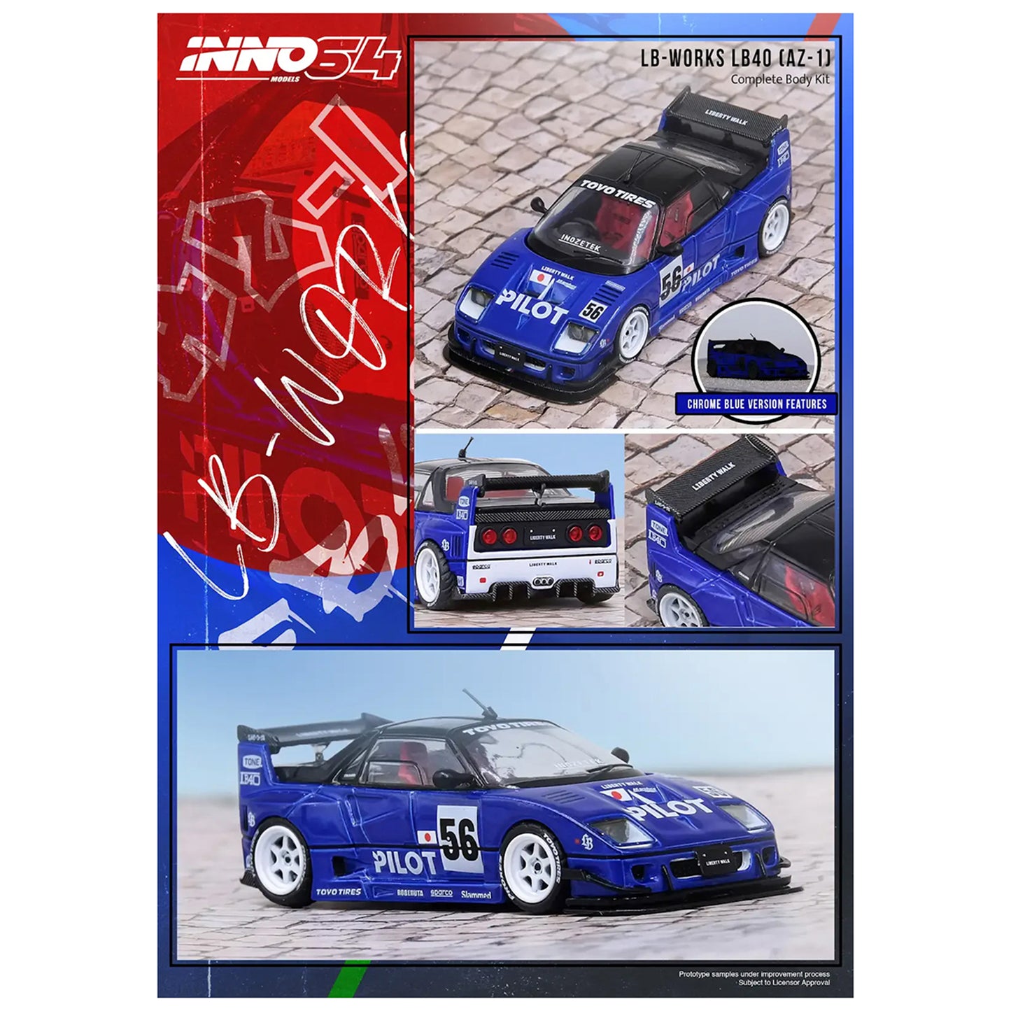 Mazda AZ-1 Liberty Walk LB40 RHD (Right Hand Drive) #56 "Pilot" Blue with Black Top 1/64 T&y Diecast Model Car by Inno Models