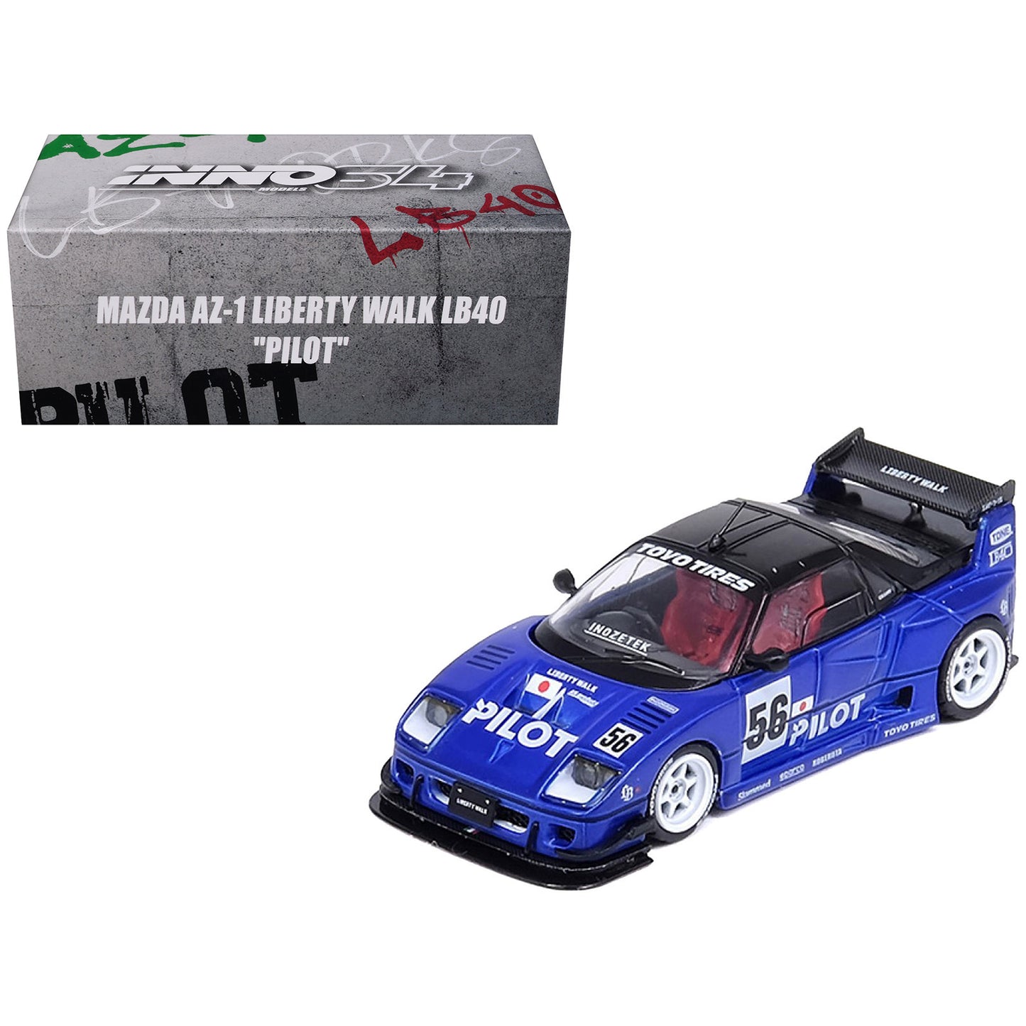 Mazda AZ-1 Liberty Walk LB40 RHD (Right Hand Drive) #56 "Pilot" Blue with Black Top 1/64 T&y Diecast Model Car by Inno Models