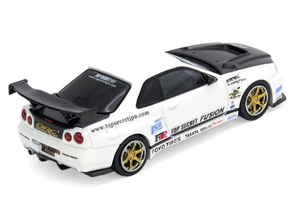 Nissan Skyline GT-R (R34) "Top Secret" RHD (Right Hand Drive) White with Carbon Hood 1/64 Diecast Model Car by Inno Models