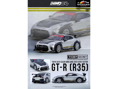 Nissan GT-R (R35) Top Secret RHD (Right Hand Drive) Silver Metallic with Carbon Hood and Top "Tokyo Auto Salon Hong Kong 2025 Event Edition" 1/64 Diecast Model Car by Inno Models