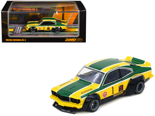 Mazda RX-3 Savanna RHD (Right Hand Drive) #1 "Katayama Racing Livery" Green and Yellow Striped 1/64 T&y Diecast Model Car by Inno Models