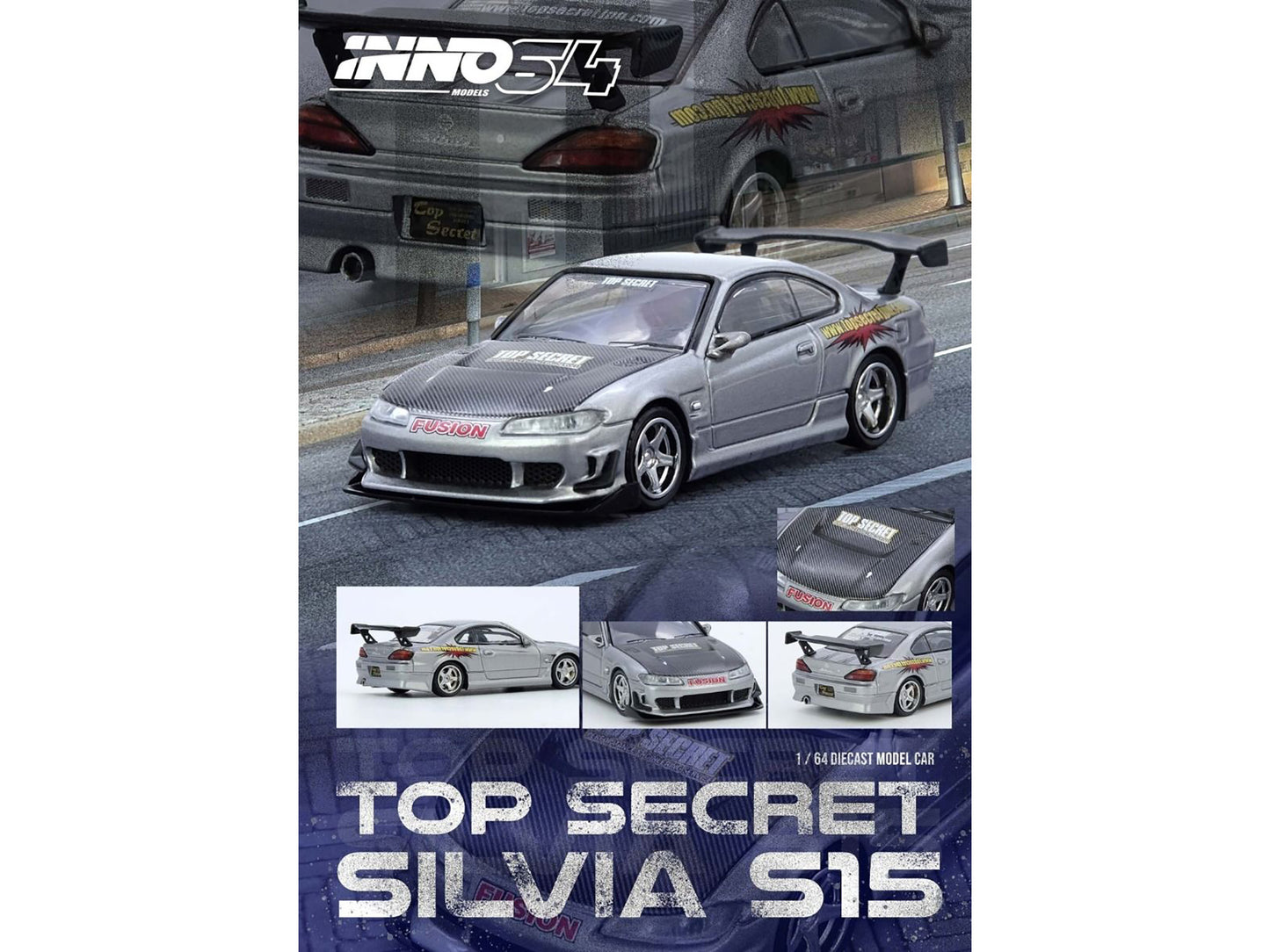 Nissan "Top Secret" Silvia (S15) RHD (Right Hand Drive) Silver Metallic with Carbon Hood 1/64 Diecast Model Car by Inno Models