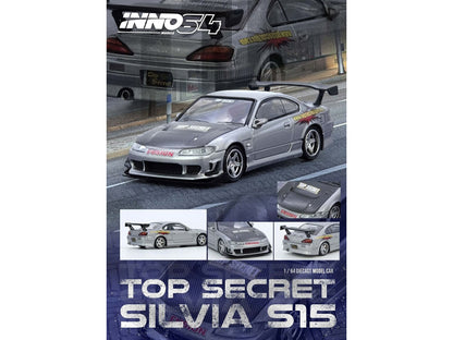 Nissan "Top Secret" Silvia (S15) RHD (Right Hand Drive) Silver Metallic with Carbon Hood 1/64 Diecast Model Car by Inno Models