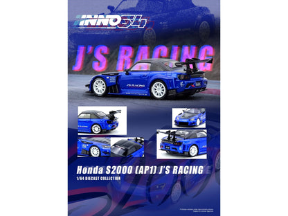 Honda S2000 RHD (Right Hand Drive) "J's Racing" Blue Metallic with Carbon Hood and Top 1/64 Diecast Model Car by Inno Models