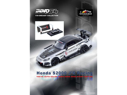 Honda S2000 RHD (Right Hand Drive) "J's Racing" Chrome Silver with Carbon Hood and Top with Graphics "Tokyo Auto Salon Hong Kong 2025 Event Edition" 1/64 Diecast Model Car by Inno Models