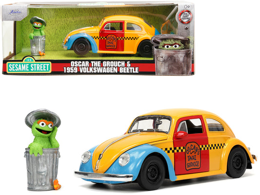 1959 Volkswagen Beetle Taxi Yellow and Blue "Oscar's Service" Oscar the Grouch Diecast Figure "Sesame Street" "Hollywood Rides" Series 1/24 Model Car by Jada <h2>1959 Jada</h2> <p>High-quality perfect