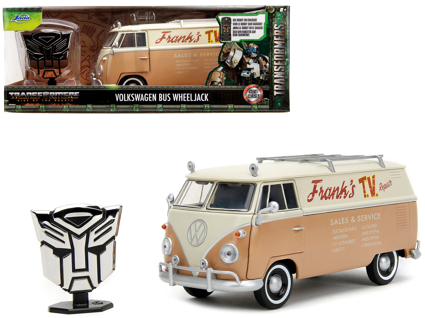 Volkswagen Bus "WheelJack" Tan and Beige "Frank's TV Repair" Transformers Logo Diecast Statue "Transformers: Rise of the Beasts" (2023) Movie "Hollywood Rides" Series 1/24 Model Car by Jada Collectibl