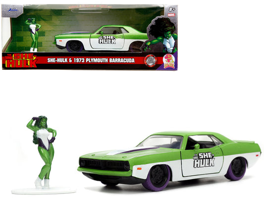1973 Plymouth Barracuda Green Metallic and White She-Hulk Diecast Figure "The Savage She-Hulk" "Hollywood Rides" Series 1/32 Model Car by Jada <h2>1973 Jada</h2> <p>High-quality perfect for collectors