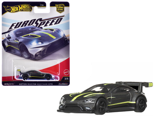 Aston Martin Vantage GTE Dark Gray Metallic with Lime Green Stripes "Euro Speed" Series T&y Diecast Model Car by Hot Wheels