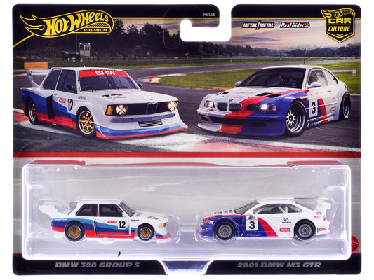 BMW 320 Group 5 #12 White with Stripes and 2001 BMW M3 GTR #3 White with Stripes "Car Culture" Set of 2 Cars T&y Diecast Model Cars by Hot Wheels