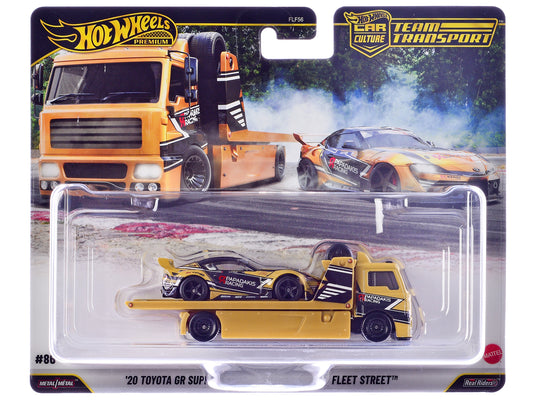 Fleet Street Flatbed Truck Yellow with Graphics and 2020 T&yota GR Supra #15 Yellow with Black Graphics "Papadakis Racing" "Team Transport - Car Culture" Series T&y Diecast Model Cars by Hot Wheels
