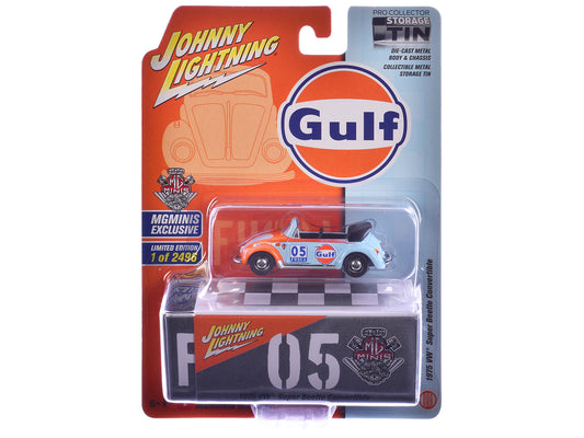 1975 Volkswagen Super Beetle Convertible #05 "Gulf Oil" Light Blue and Orange "MGMinis Exclusive" Series Limited Edition to 2496 pieces Worldwide 1/64 T&y Diecast Model Car by Johnny Lightning