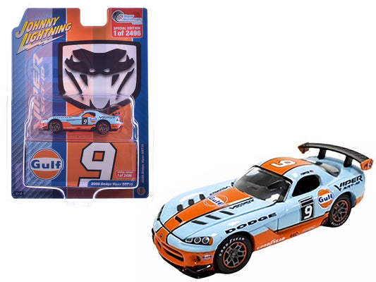 2008 Dodge Viper SRT10 #9 "Gulf Oil" Light Blue and Orange Limited Edition to 2496 pieces Worldwide 1/64 T&y Diecast Model Car by Johnny Lightning