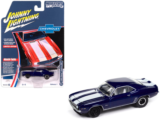 1969 Chevrolet Camaro Z28 Blue Metallic with White Stripes and Interior "Muscle Cars USA" Series 1/64 T&y Diecast Model Car by Johnny Lightning