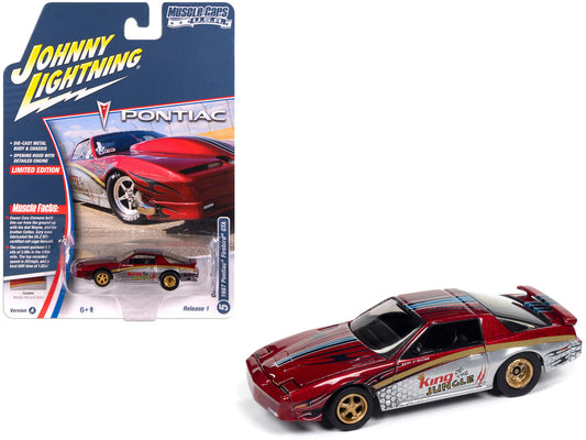 1987 Pontiac Firebird GTA "King of the Jungle" Red and Silver Metallic with Graphics "Muscle Cars USA" Series 1/64 T&y Diecast Model Car by Johnny Lightning