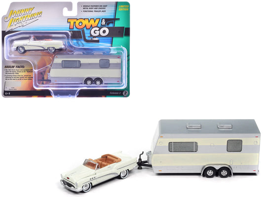 1953 Buick Super Cream with Travel Trailer Limited Edition "Tow & Go" Series 1/64 T&y Diecast Model Car by Johnny Lightning