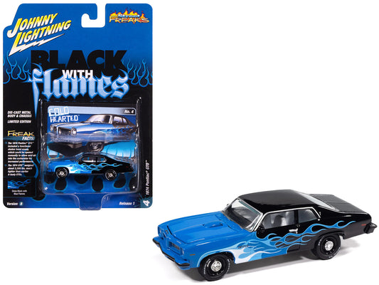 1974 Pontiac GTO Black and Blue with Blue Flame Graphics with White Interior "Black with Flames" Series 1/64 T&y Diecast Model Car by Johnny Lightning
