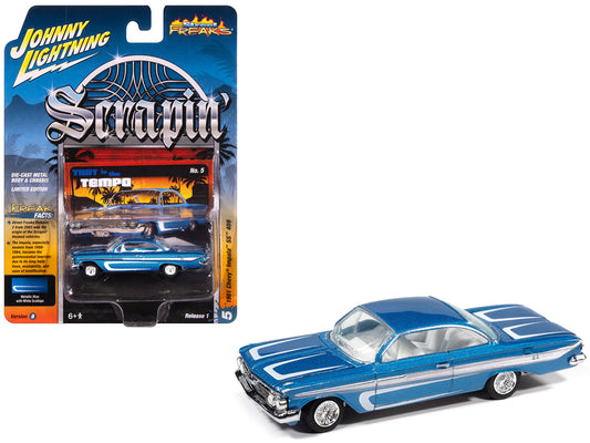 1961 Chevrolet Impala SS 409 Blue Metallic with White Stripes and Interior "Scrapin'" Series 1/64 T&y Diecast Model Car by Johnny Lightning
