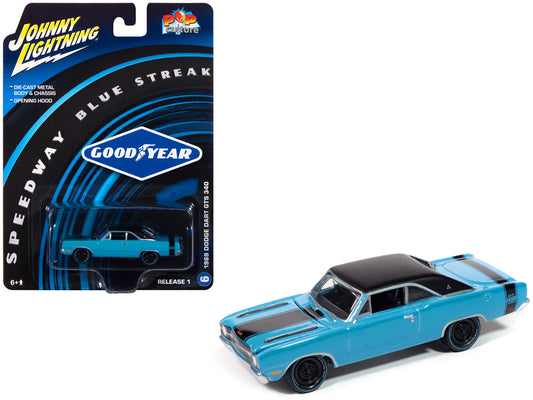 1969 Dodge Dart GTS 340 Blue with Black Top and Stripes "Goodyear Blue Streak" "Pop Culture" 2025 Release 1 1/64 T&y Diecast Model Car by Johnny Lightning
