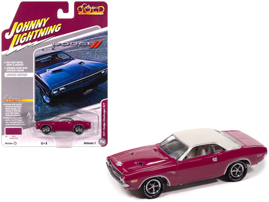 1971 Dodge Challenger R/T Panther Pink with White Top and Interior "Classic Gold Collection" 1/64 T&y Diecast Model Car by Johnny Lightning