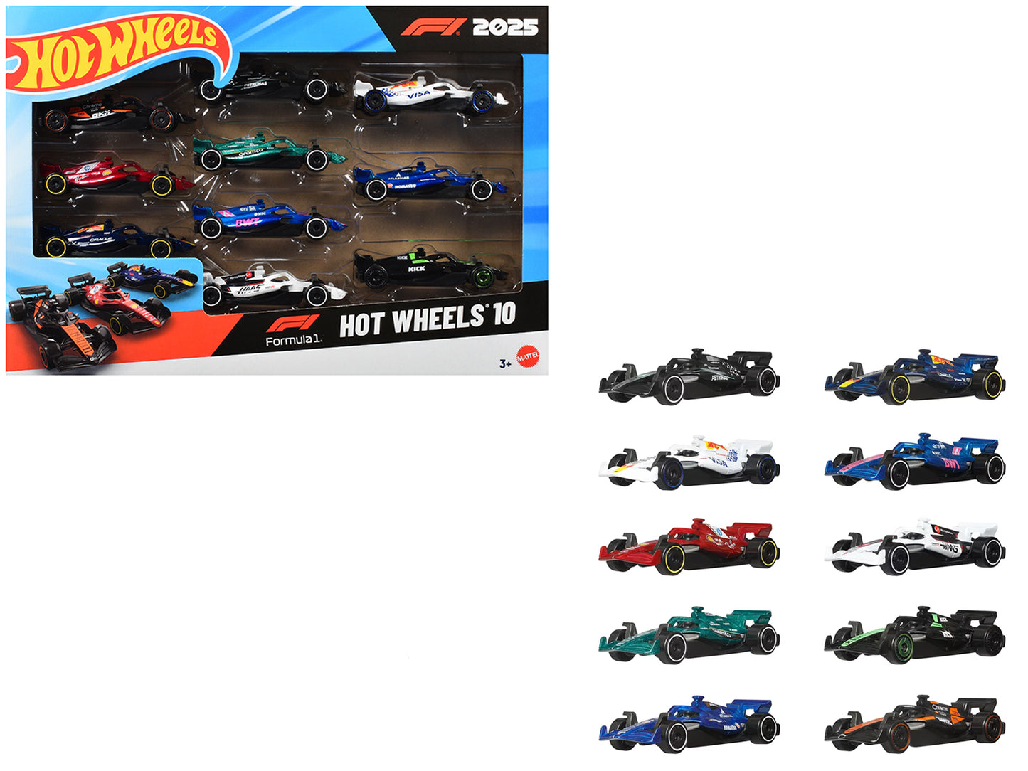 2025 Formula 1 World Championship 10 piece Set T&y Diecast Model Cars by Hot Wheels