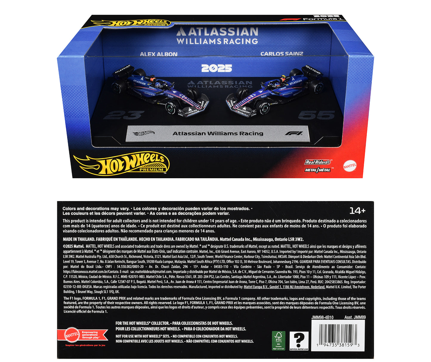 "Atlassian Williams Racing" Formula One F1 World Championship (2025) 2 Piece Set T&y Diecast Model Cars by Hot Wheels