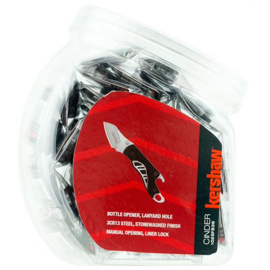 Kershaw Cinder Manual Open Liner Lock Drop Point Blade EDC Folding Pocket Knife with Stonewashed Finish - Black/Silver - 36 Piece Display