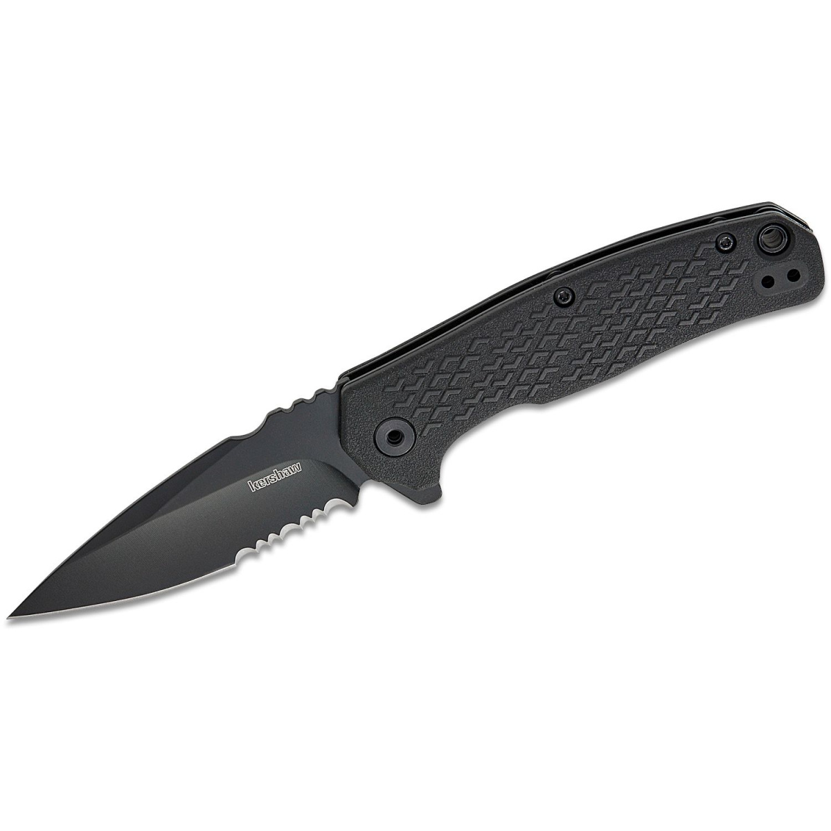 Kershaw Conduit Serrated Assisted Open Liner Lock 8Cr13MoV with Black-Oxide Coating Spear Point Blade Tactical Folding Pocket Knife - Black
